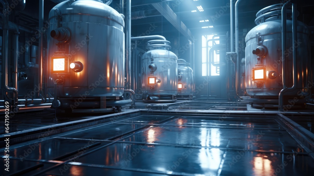 Large steel industrial tanks with metal pipes around in petrochemical plant industry factory.