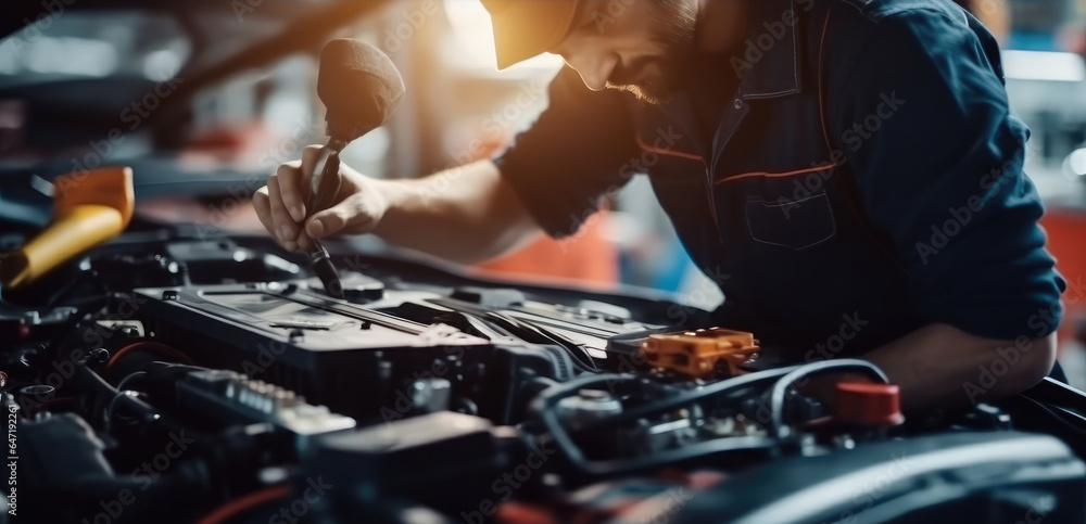 Technician of car mechanic are working in auto repair, Service electric battery and maintenance of c