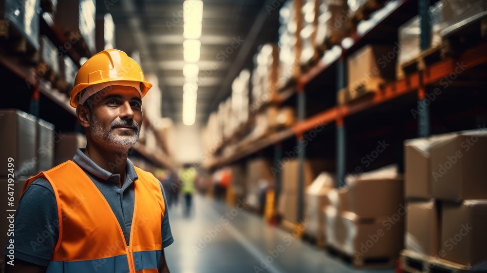 Warehouse worker are checking products in warehouse.