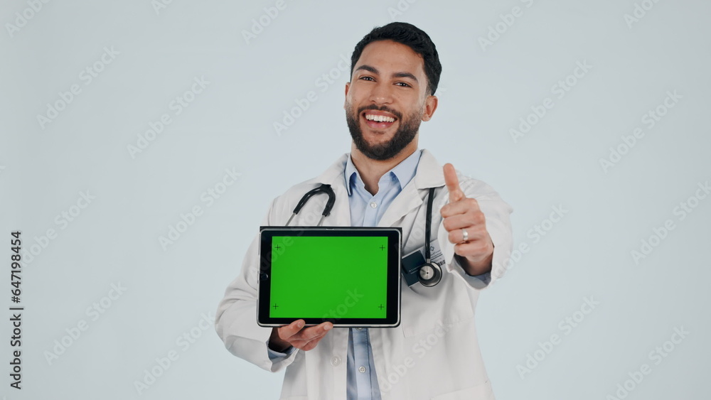 Doctor, tablet green screen and thumbs up, success or healthcare support, thank you and like emoji i