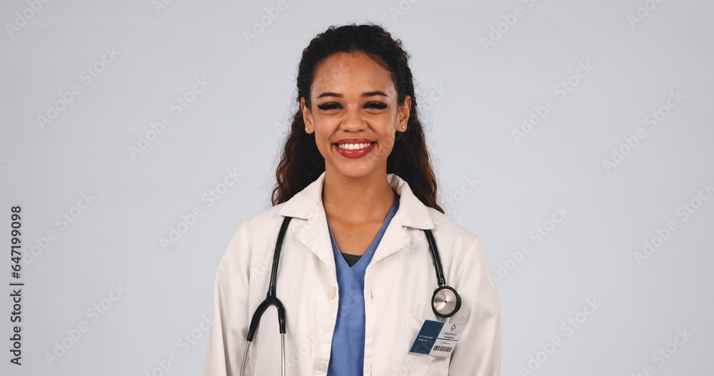 Laughing, medical doctor or a woman in studio with a stethoscope, funny and confident. Face, happy a