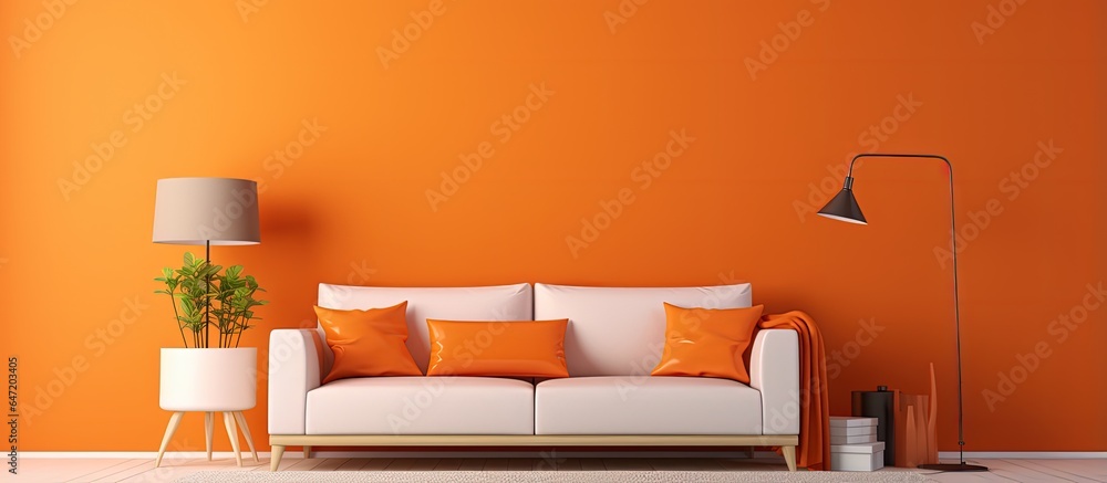 Beautiful and contemporary orange with modern and chic furniture in a warm and cozy living room with