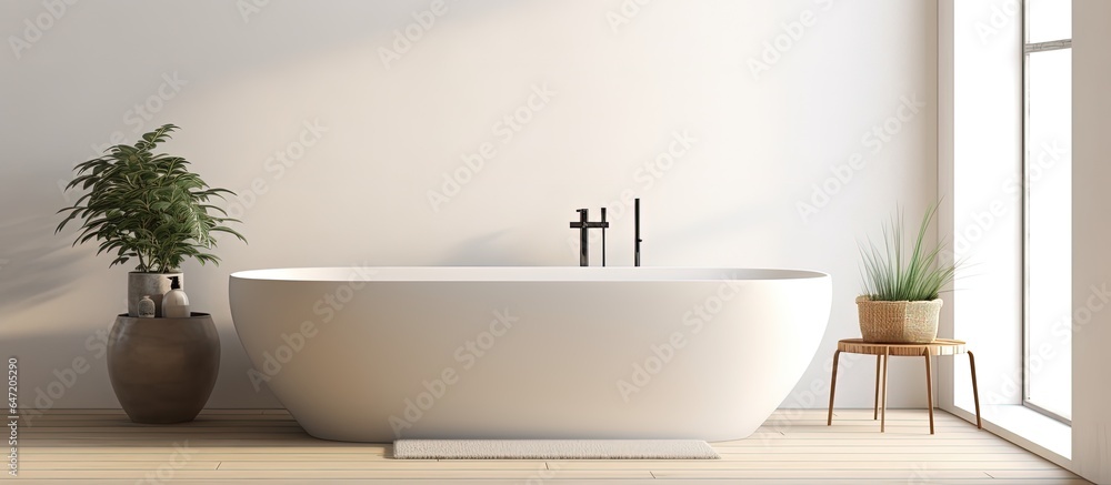 Contemporary ceramic tub by illuminated interior wall