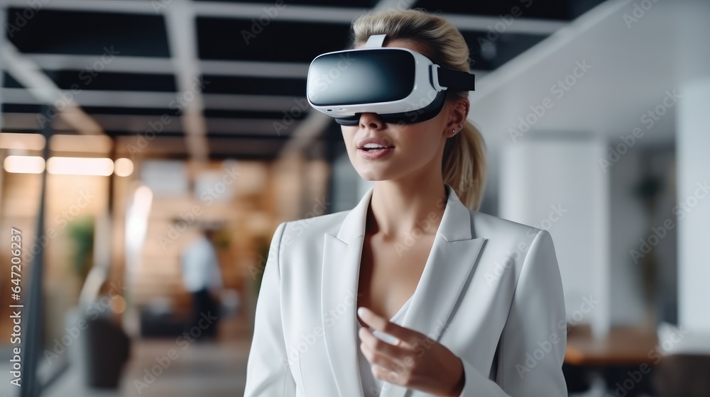 Business woman having a meeting in office with VR glasses, New technologies.