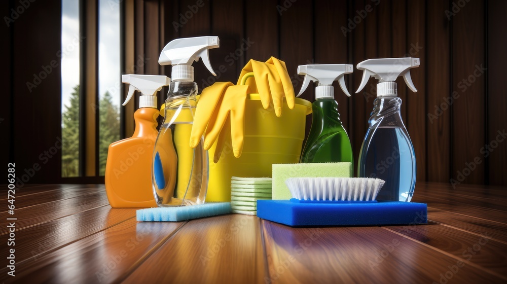 Cleaning tools and products on floor, Showcasing a cleaning company services.