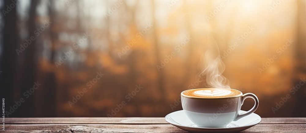 A white cup with a hot drink sits on a wooden bench by the window Festive postcard vibes Christmas t