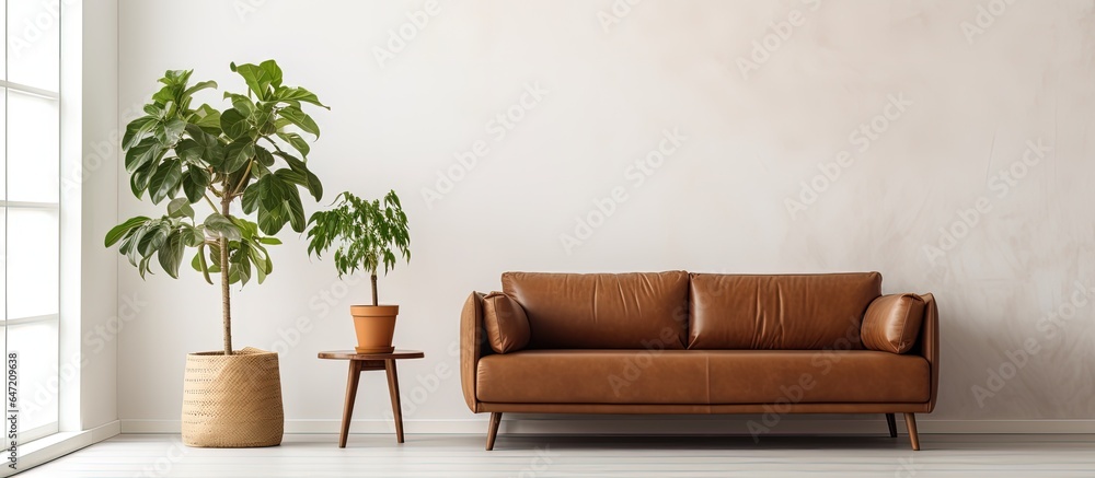 Actual picture of brown leather couch in modern white apartment with greenery