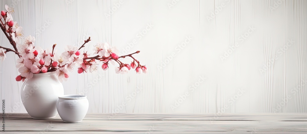 Cherry blossom branch next to milk canister old wooden table white wall backdrop