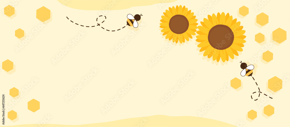 Beehive with hexagon grid cells, bee cartoons and sunflower on yellow sign vector.