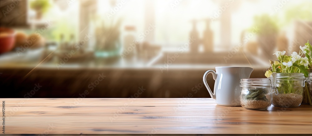 Blurred kitchen mock up on empty wooden tabletop for product display