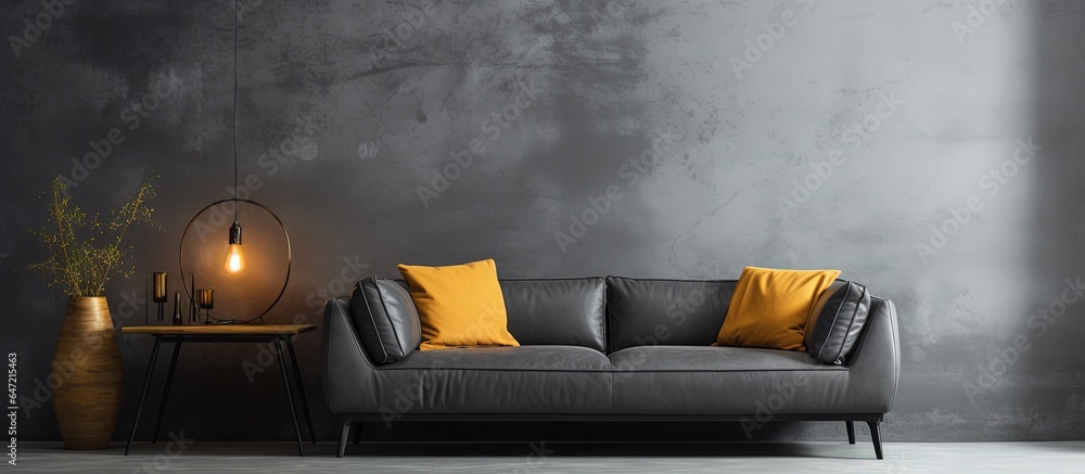 A modern sofa in the living room on a gray loft wall with a black color