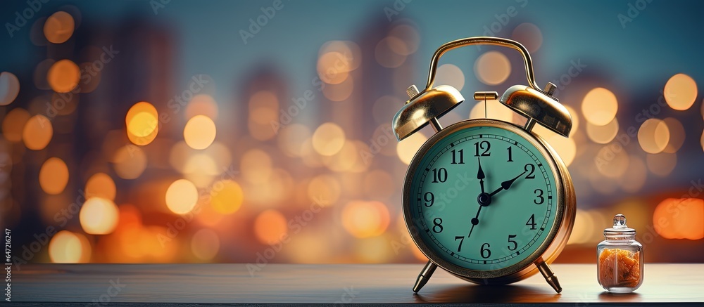 Alarm clock placed on hotel room table as part of travel concept