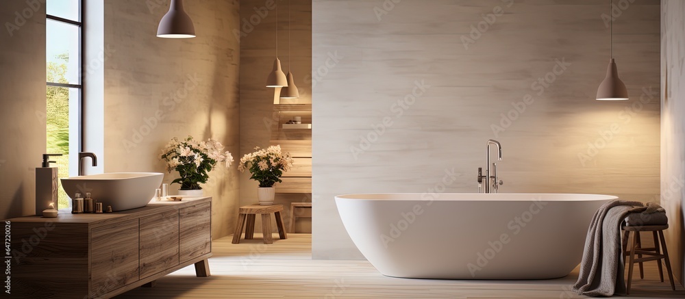 Ceramic tub in fashionable bathroom near curtains