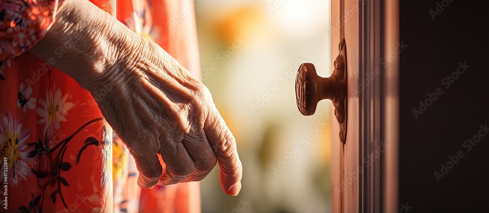 an elderly woman securing her house