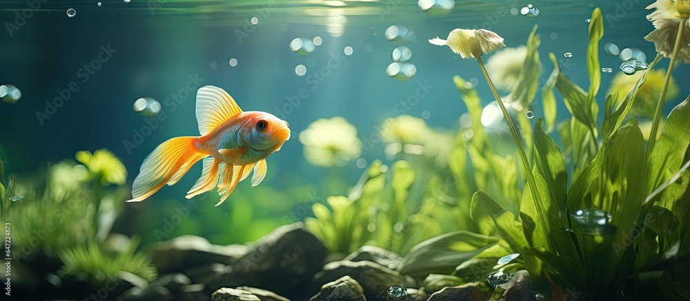 Aquatic plants aquarium featuring a fish as a backdrop