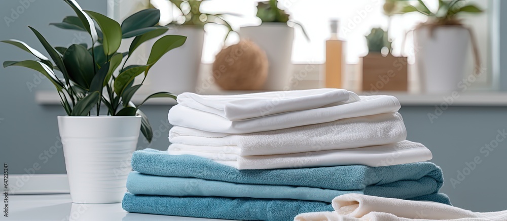 A woman s hand opens a box of detergents in a washing machine while clean white and blue towels are 