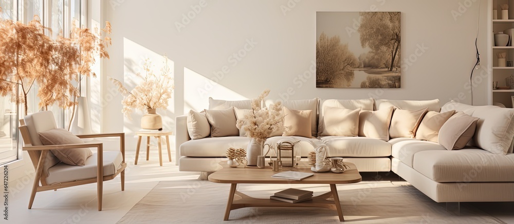 Beige sofa and armchair in bright living room with round coffee table and dining space