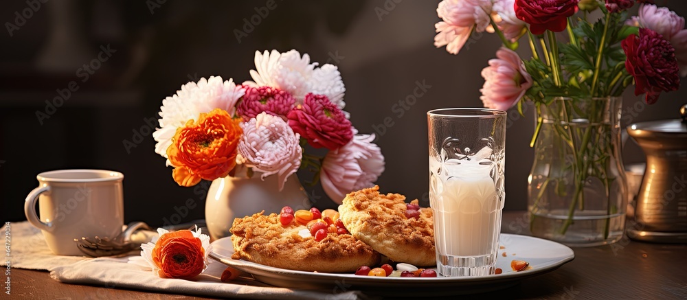 Breakfast with pizza cappuccino and peonies on the table