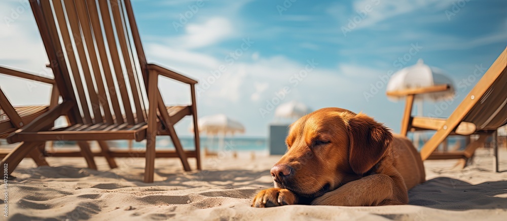 Blurred background at beach with white furniture dog sunbathes