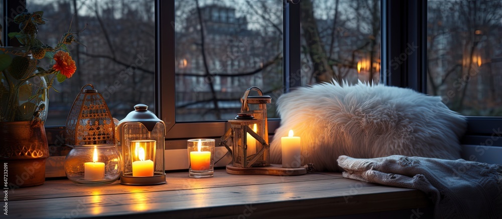 Comfortable spot with table candles by kitchen window for relaxation