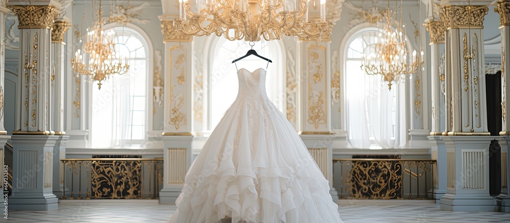 Beautiful interior with chandelier adorned with wedding dress