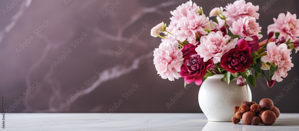 Beautiful flowers arranged on kitchen countertop for interior design with text space