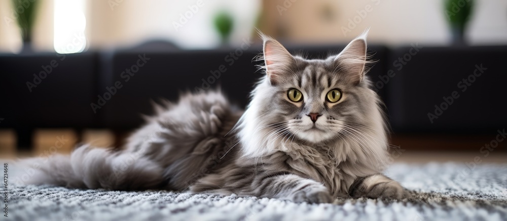 Cat at home on carpet gray