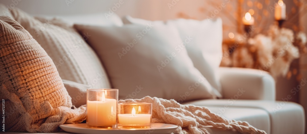 Candles arranged on a white table surrounded by a cozy sofa with plaids and pillows