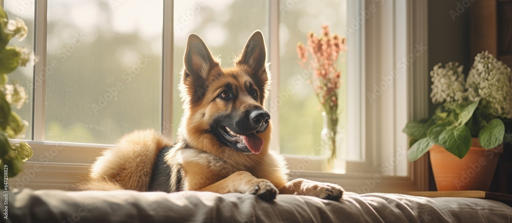 Adorable dog with shepherd traits sitting on a bed and gazing out of an indoor window