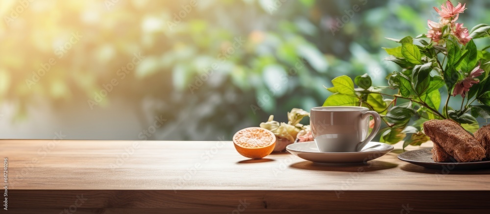 Coffee and plants on a sunny windowsill at breakfast