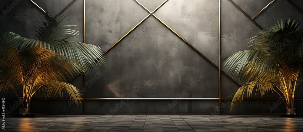 A wall with a gold polygon window reflecting a palm tree made of light and dark gray cement