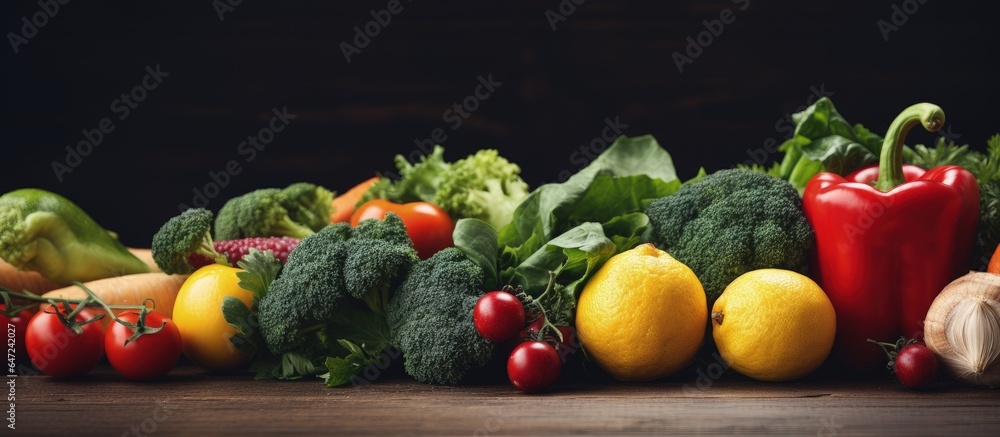 Colorful vegetables and fruits in a close up view yellow red and green in a kitchen setting as a hea