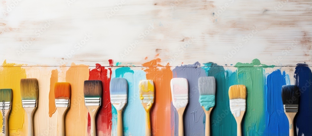 Bird s eye view of a paintbrush and various color samples on a white wooden background