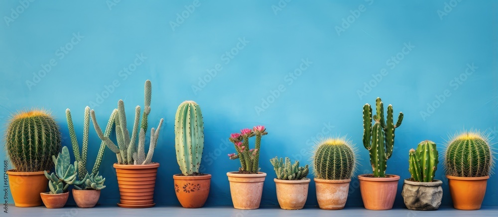 Blue brick wall background with potted cacti