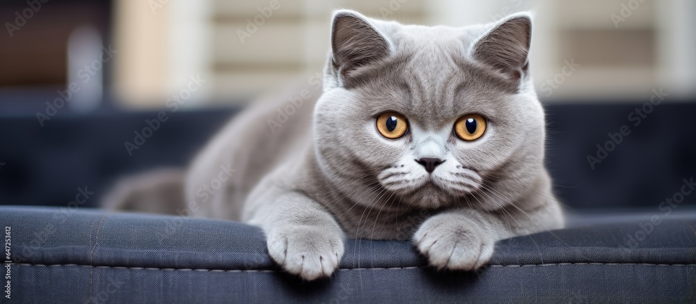 British Shorthair cat resting on chair indoors