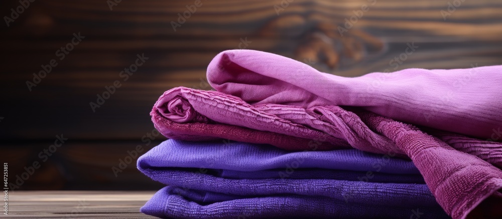 Close up horizontal photo of a vibrant purple towel on a wooden background