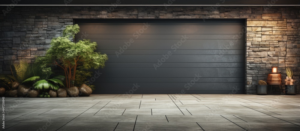 Brick wall and asphalt driveway leading to a big garage door