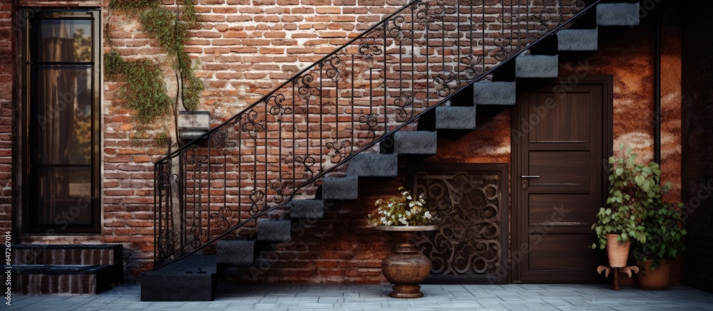 A staircase made of black iron on a brown brick wall with a window and door beyond a fence