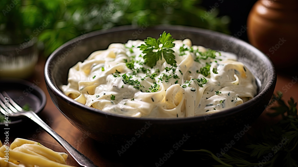 Alfredo pasta dinner with creamy white sauce and herbs. Generative Ai