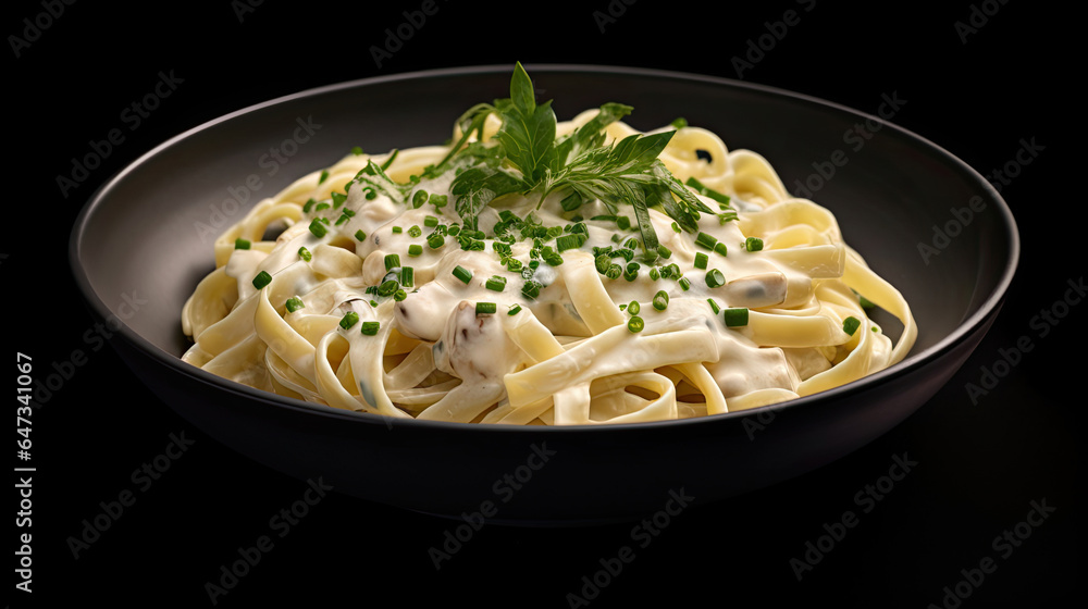 Alfredo pasta dinner with creamy white sauce and herbs isolated on black background. Generative Ai