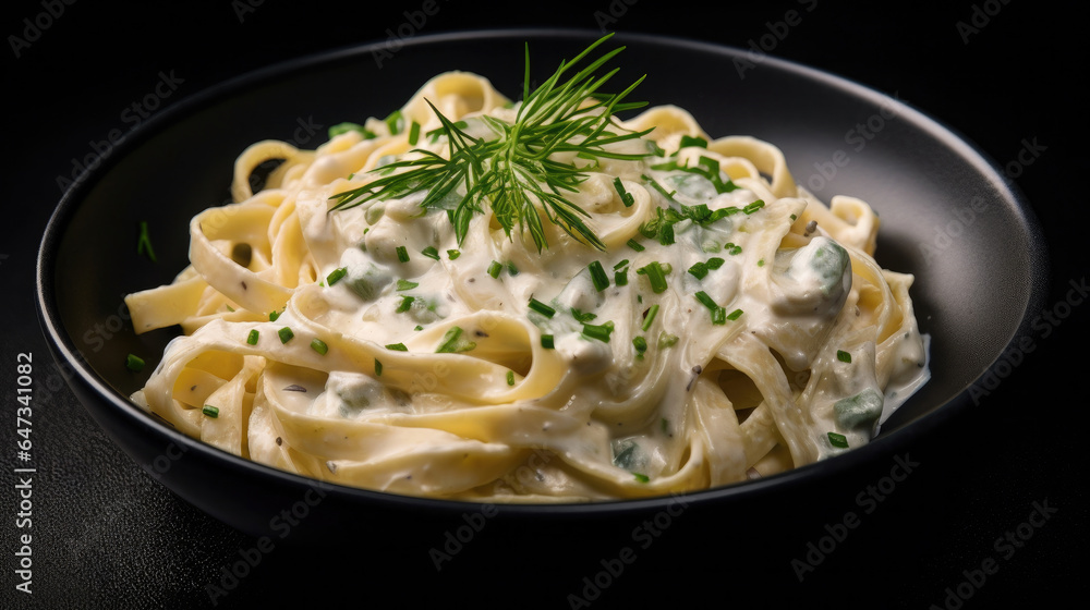 Alfredo pasta dinner with creamy white sauce and herbs isolated on black background. Generative Ai