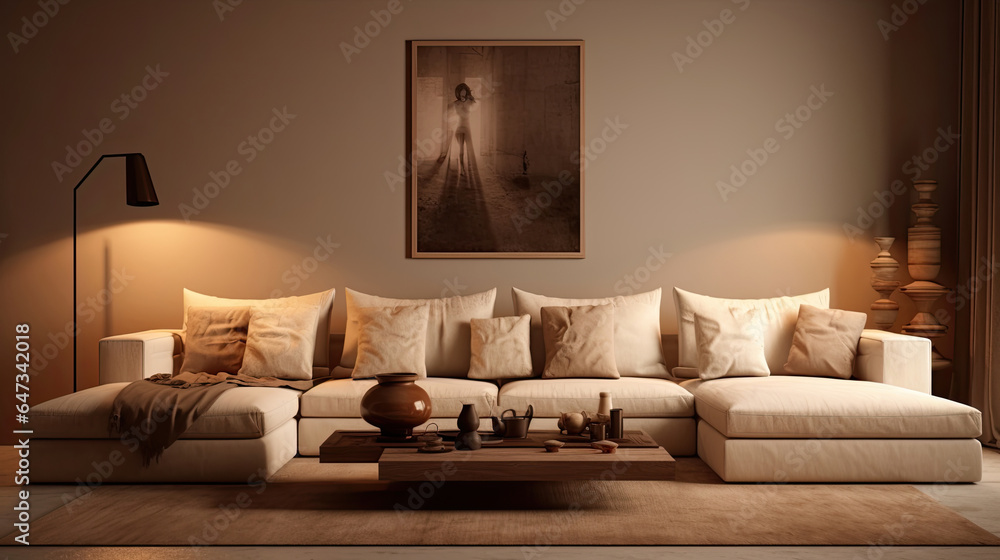 interior design of modern living room with beige fabric sofa and cushions. Generative Ai