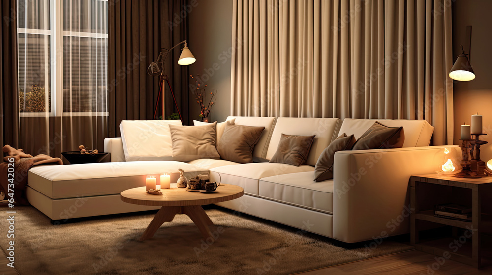 interior design of modern living room with beige fabric sofa and cushions. Generative Ai