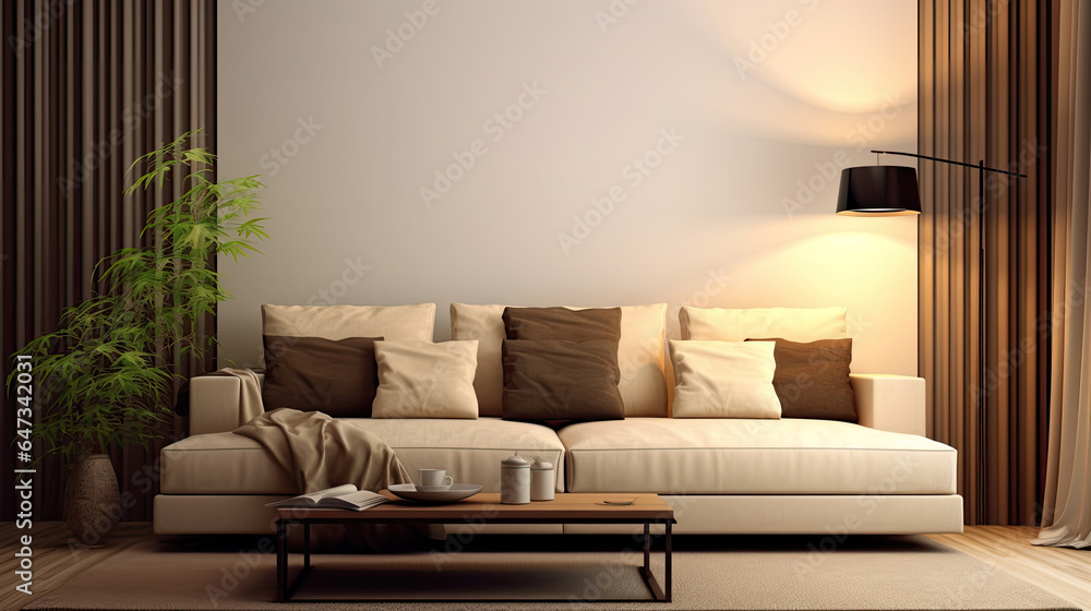 interior design of modern living room with beige fabric sofa and cushions. Generative Ai