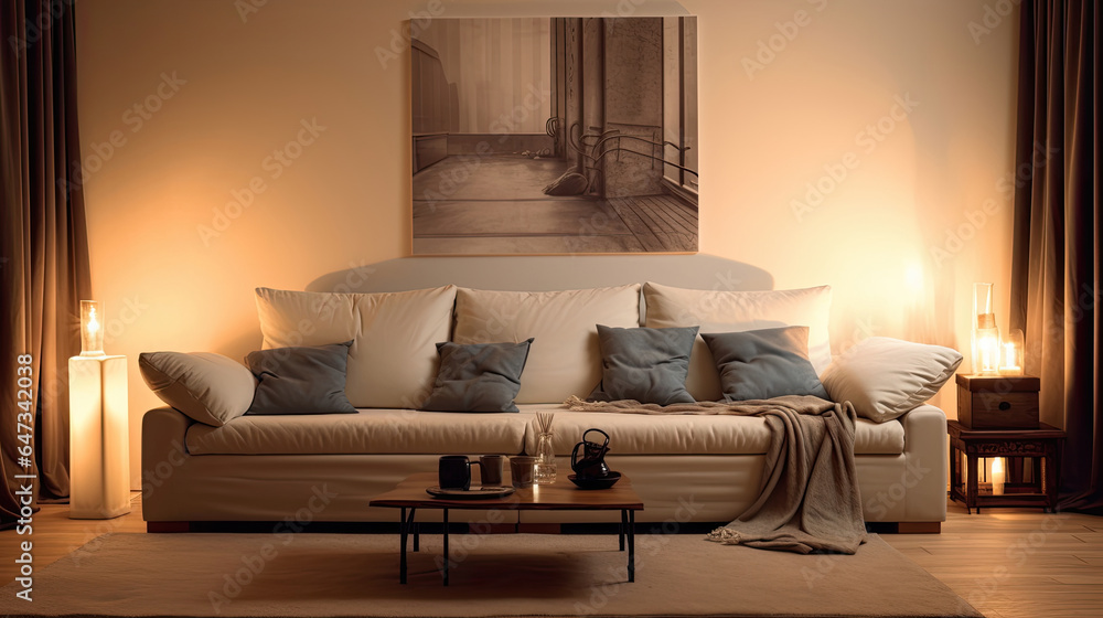 interior design of modern living room with beige fabric sofa and cushions. Generative Ai