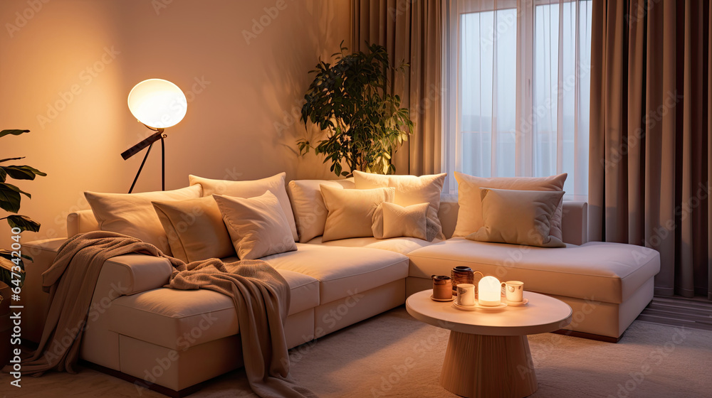 interior design of modern living room with beige fabric sofa and cushions. Generative Ai