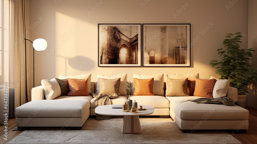 interior design of modern living room with beige fabric sofa and cushions. Generative Ai