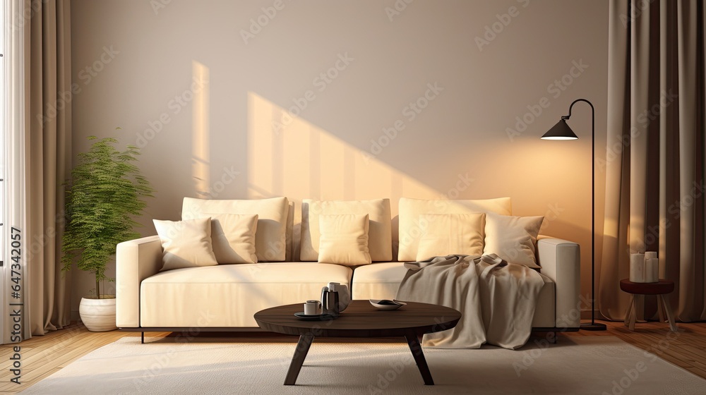 interior design of modern living room with beige fabric sofa and cushions. Generative Ai