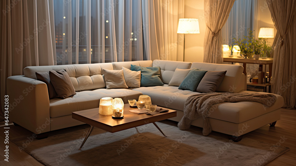 interior design of modern living room with beige fabric sofa and cushions. Generative Ai