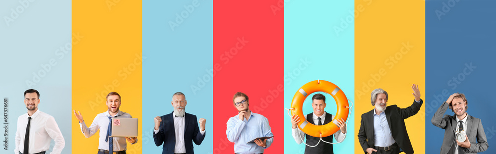 Set of different businessmen on colorful background